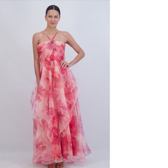 Eliza j floral poppy pink chiffon gown dress 6 flawed - Picture 4 of 13
